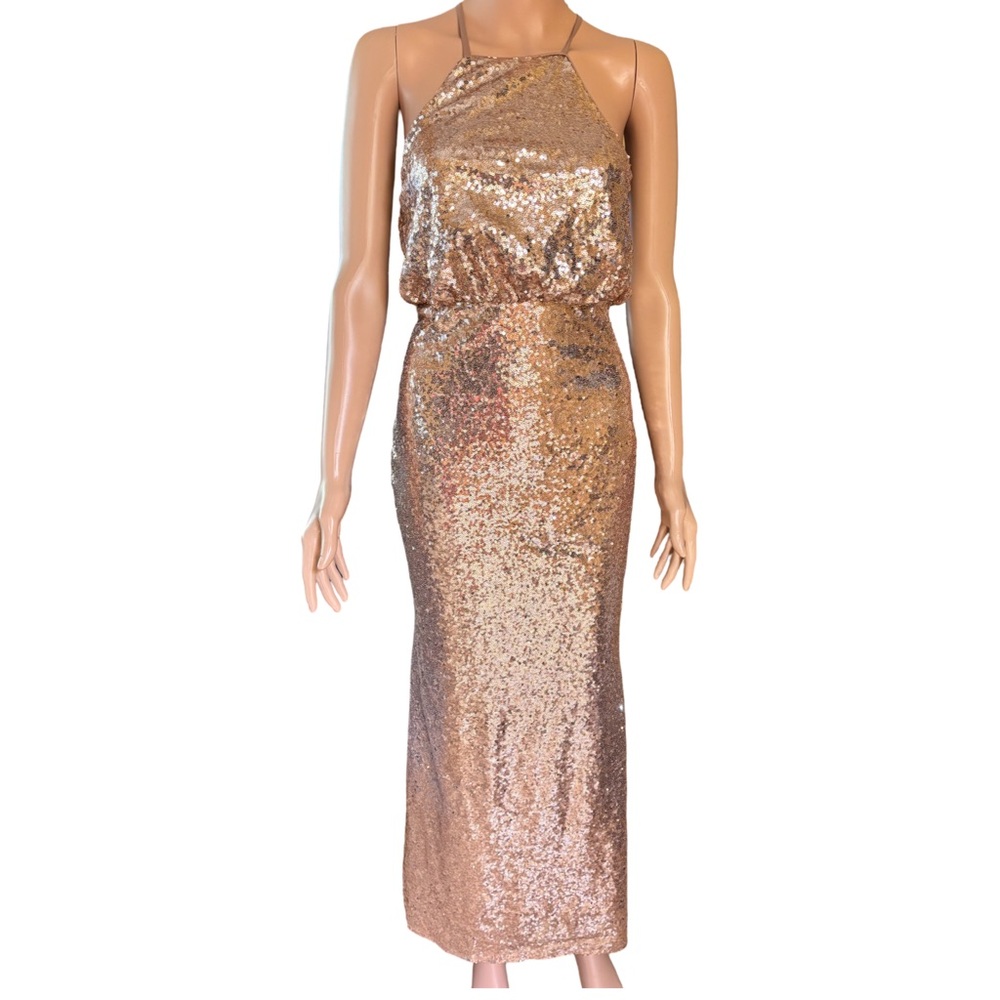 Lulu’s Gold Sequin Halter Maxi Evening Dress